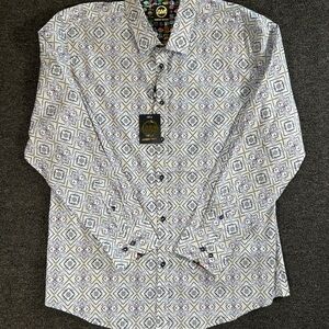 Ameri Mode Geometric Print Long-Sleeve Dress Shirt — White, Blue, & Light Purple